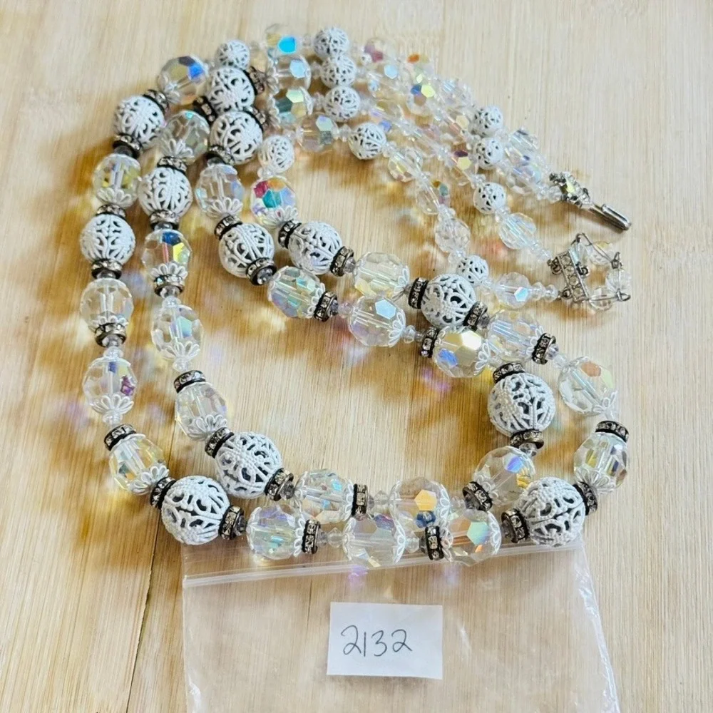 Crystal Rhinestone Beaded Necklace Aurora Borealis Double Strand Multi VTG 1960s